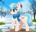 Size: 2048x1818 | Tagged: safe, artist:vinilyart, coco pommel, butterfly, earth pony, insect, pony, g4, city, cityscape, clothes, ear fluff, female, grass, mare, outdoors, raised hoof, scarf, smiling, snow, solo, tree