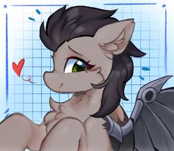 Size: 2374x2064 | Tagged: safe, artist:lunylin, oc, oc only, oc:breezy blight, cyborg, cyborg pony, pegasus, pony, abstract background, amputee, artificial wings, augmented, commissioner:sfaccountant, female, heart, looking at you, pegasus oc, prosthetic limb, prosthetic wing, prosthetics, solo, solo female, wings