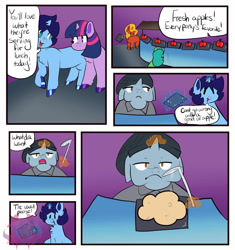 Size: 1600x1700 | Tagged: safe, artist:imp, twilight sparkle, oc, oc:blue thunder, unicorn, g4, apple, cafeteria, canon x oc, comic, female, food, horn, lunch, male, ship:thundersparkle, shipping, straight