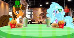 Size: 910x474 | Tagged: safe, artist:lizzmcclin, oc, oc:ej, oc:jemima sparkle, g4, burger, female, food, french fries, holiday, mcdonald's, saint patrick's day, shamrock shake