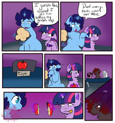 Size: 1600x1700 | Tagged: safe, artist:imp, twilight sparkle, oc, oc:blue thunder, unicorn, g4, apple, bully, bullying, cafeteria, canon x oc, comic, female, food, horn, male, school for gifted unicorns, ship:thundersparkle, shipping, straight