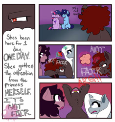 Size: 1600x1700 | Tagged: safe, artist:imp, twilight sparkle, oc, oc:blue thunder, unicorn, g4, bully, bullying, cafeteria, canon x oc, comic, female, horn, jealous, male, school for gifted unicorns, ship:thundersparkle, shipping, straight
