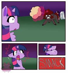 Size: 1600x1700 | Tagged: safe, artist:imp, twilight sparkle, oc, oc:blue thunder, unicorn, g4, canon x oc, comic, female, horn, magic, male, school for gifted unicorns, ship:thundersparkle, shipping, smack, straight, throwing