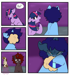 Size: 816x865 | Tagged: safe, artist:imp, twilight sparkle, oc, oc:blue thunder, unicorn, g4, cafeteria, comic, horn, school for gifted unicorns
