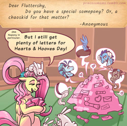 Size: 2166x2161 | Tagged: safe, artist:overlordneon, discord, fluttershy, princess ember, sonata dusk, draconequus, dragon, pegasus, pony, rabbit, siren, g4, animal, ask, dialogue, dragoness, eyes closed, female, floppy ears, hearts and hooves day, letter, mare, older, older fluttershy, open mouth, open smile, smiling, solo, speech bubble, tumblr