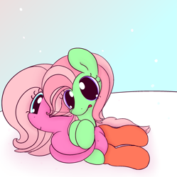 Size: 1933x1939 | Tagged: safe, artist:violavaquita, minty, pinkie pie (g3), g3, belly, belly button, clothes, hug, looking at you, one eye closed, open mouth, smiling, snow, socks, wink, winking at you