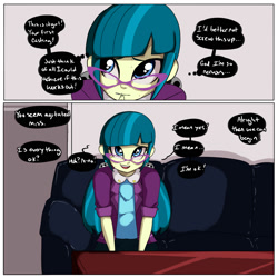 Size: 2000x2000 | Tagged: safe, artist:inuyuru, juniper montage, human, equestria girls, g4, casting couch, comic, dialogue, female, high res, looking at you, offscreen character, smiling, smiling at you, solo, speech bubble, sweat, talking to viewer, thought bubble