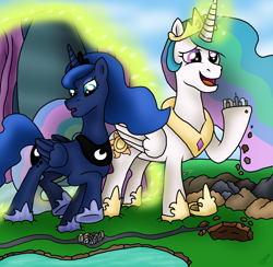 Size: 1944x1896 | Tagged: safe, artist:vanilla beam, princess celestia, princess luna, alicorn, pony, series:my collosal pony, g4, city, crown, destruction, duo focus, ethereal mane, female, folded wings, giant pony, glowing, glowing horn, hoof hold, horn, jewelry, looking down, macro, mare, open mouth, outdoors, peytral, plane, portal, regalia, river, royal sisters, siblings, sisters, story included, walking, water, wings