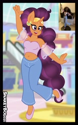 Size: 2572x4096 | Tagged: safe, artist:snakeythingy, saffron masala, unicorn, anthro, g4, dancing, doll, horn, midriff, open mouth, open smile, outfit, smiling, solo, toy