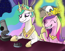 Size: 506x395 | Tagged: safe, artist:vanilla beam, princess cadance, princess celestia, alicorn, pony, series:my collosal pony, g4, armor, city, crown, destruction, ethereal mane, eyes closed, female, folded wings, giant pony, glowing, hoof on chin, jewelry, laughing, macro, mare, microscope, peytral, portal, regalia, royal guard, story included, table, wings