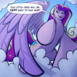 Size: 1919x1919 | Tagged: safe, artist:sugaryviolet, princess cadance, alicorn, pony, series:my collosal pony, g4, cloud, eyebrows, eyebrows visible through hair, feather, female, giant pony, looking at you, looking down, looking down at you, macro, mare, open mouth, outdoors, plane, raised hoof, sky, solo focus, speech bubble, story included, wing fluff, wings