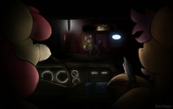 Size: 1387x874 | Tagged: safe, artist:reddthebat, apple bloom, scootaloo, sweetie belle, earth pony, pegasus, pony, unicorn, g4, car, cutie mark crusaders, female, frog (hoof), gun, hoof hold, horn, horseshoes, lighter, mare, older, older apple bloom, older cmc, older scootaloo, older sweetie belle, ponies driving cars, rear view mirror, reflection, trio, underhoof, weapon