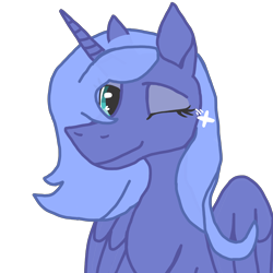 Size: 2048x2048 | Tagged: safe, artist:silverfishv9, princess luna, alicorn, pony, g4, blue coat, eyeshadow, green eyes, makeup, one eye closed, s1 luna, simple background, solo, wink