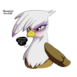 Size: 2000x2000 | Tagged: safe, artist:inuyuru, gilda, griffon, g4, blushing, female, high res, looking away, offscreen character, simple background, solo, speech bubble, white background