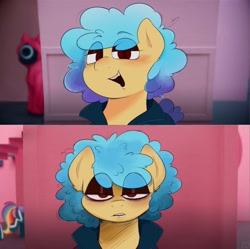 Size: 2047x2041 | Tagged: safe, artist:lexbunsfw, rainbow dash, oc, oc:cream brule, hybrid, pegasus, pony, zebra, zebroid, zony, g4, female, looking at you, squid game
