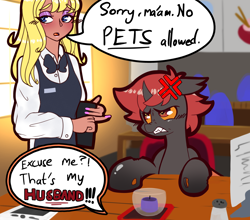 Size: 3508x3084 | Tagged: safe, artist:chiefywiffy, oc, oc:pyraxis, changeling, human, changeling oc, commission, female, human female, meme, offscreen character, orange sclera, red changeling, red eyes, red mane, restaurant, waitress, ych result