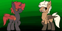 Size: 4096x2095 | Tagged: artist needed, safe, oc, oc:pyraxis, oc:siegfried, bat pony, changeling, bat pony oc, bat wings, brown coat, changeling oc, chest fluff, ear fluff, fangs, orange changeling, red changeling, wings