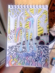 Size: 2769x3660 | Tagged: safe, artist:erisdich, rainbow dash, pegasus, g4, abstract background, abstraction, autumn, colored, fire, floppy ears, flower, long mane, long pony, long tail, notebook, pattern, patterns, pen drawing, pencil drawing, photo, race, sadness, simple background, sketchbook, tail, traditional art, tree, yellow background
