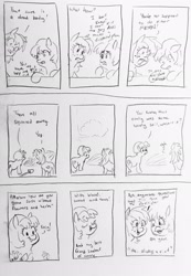 Size: 1419x2048 | Tagged: safe, artist:pony quarantine, oc, oc only, earth pony, pony, series:pq funnies, burying, comic, comic strip, dialogue, duo, duo female, female, freckles, grayscale, implied murder, mare, monochrome, pencil drawing, traditional art