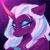 Size: 2000x2000 | Tagged: safe, artist:batzuru, opaline arcana, alicorn, pony, g5, antagonist, beautiful, blue eyes, bust, curved horn, digital art, eyelashes, eyeshadow, feather, female, glowing, glowing horn, gradient background, hoof shoes, horn, lidded eyes, looking at you, magic, makeup, mare, partially open wings, portrait, princess shoes, purple background, raised hoof, signature, solo, sparkles, white mane, wings