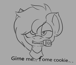Size: 835x723 | Tagged: safe, artist:cotarsis, earth pony, cookie, food, gray background, gun, looking at you, simple background, sketch, solo, weapon