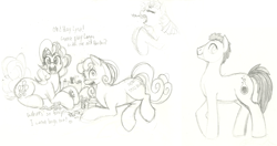 Size: 6000x3164 | Tagged: oc name needed, safe, artist:prismspark, bon bon, pinkie pie, sweetie drops, twilight sparkle, oc, earth pony, pony, g4, black and white, blushing, bust, caught, embarrassed, eye clipping through hair, eyebrows, eyebrows visible through hair, eyes closed, female, grayscale, high res, horn, implied lyra, lego, looking at you, lying down, male, mare, monochrome, open mouth, playing, prone, side view, sketch, stallion, yawn