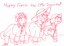 Size: 2100x1500 | Tagged: safe, artist:prismspark, apple bloom, scootaloo, sweetie belle, earth pony, pony, unicorn, g4, 30 minute art challenge, aviator hat, clothes, cross, cross necklace, cutie mark crusaders, exploitable meme, eye clipping through hair, female, filly, foal, glasses, glasses on head, gritted teeth, hat, hoof hold, horn, inquisition, jewelry, meme, monochrome, monty python, monty python and the holy grail, necklace, open mouth, pointing, robe, scroll, signature, story included, teeth, this will end in tears and/or death and/or covered in tree sap, trio, trio female