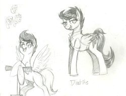Size: 1691x1291 | Tagged: safe, artist:prismspark, apple bloom, scootaloo, sweetie belle, earth pony, pegasus, pony, unicorn, fallout equestria, g4, bipedal, branded, clothes, dashite, dashite brand, folded wings, horn, looking at you, monochrome, scooter, shirt, side view, sketch, solo focus, spread wings, standing, wings
