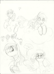 Size: 2550x3507 | Tagged: safe, artist:prismspark, oc, oc:morning glory (project horizons), pegasus, fallout equestria, fallout equestria: project horizons, cloud, duo, duo female, eye clipping through hair, eyebrows, eyebrows visible through hair, female, female oc, floppy ears, flower, flower in mouth, folded wings, high res, looking at you, lying down, lying on a cloud, mare, mare oc, mouth hold, on a cloud, sketch, smiling, smiling at you, spread wings, wings