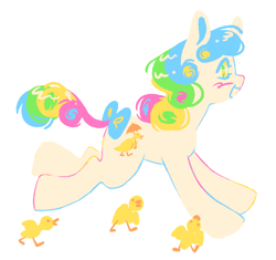 Size: 2035x1910 | Tagged: safe, artist:glameowr, quackers, bird, earth pony, pony, g1, :3, :d, blue mane, blue tail, blush scribble, bow, colored lineart, colored pinnae, colorful, cute, female, full body, green mane, green tail, lineless, mare, multicolored eyes, multicolored mane, multicolored tail, open mouth, open smile, pink mane, pink tail, requested art, running, simple background, smiling, tail, tail bow, white background, white coat, windswept tail, wingding eyes, yellow mane, yellow tail