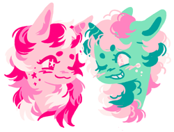 Size: 2048x1560 | Tagged: safe, artist:glameowr, fizzy, galaxy (g1), pony, unicorn, g1, :3, beanbrows, blush scribble, blushing, bust, closed mouth, duo, duo female, ear fluff, eyebrows, eyebrows visible through hair, facial markings, female, grin, horn, lesbian, lineless, looking at each other, looking at someone, looking sideways, mare, nose blush, one eye closed, pink coat, pink eyes, pink mane, portrait, red eyes, red mane, requested art, ship:fizzlaxy, shipping, simple background, smiling, smiling at each other, stars, three toned mane, turned head, white background, white pupils, wingding eyes