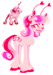Size: 1454x2048 | Tagged: safe, artist:glameowr, all my heart, earth pony, pony, g3, ;3, beanbrows, blue eyes, blush scribble, blushing, candy, chest fluff, closed mouth, colored hooves, colored pinnae, colored pupils, eyebrows, female, food, full body, hairband, heart, hooves, lineless, lollipop, long legs, looking at you, mare, mouth hold, multicolored mane, multicolored tail, nose blush, one eye closed, pink, pink mane, pink tail, red hooves, red mane, red tail, requested art, smiling, smiling at you, solo, standing, tail, three quarter view, unshorn fetlocks, wink, winking at you