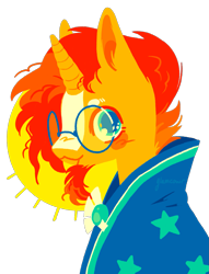 Size: 1563x2047 | Tagged: safe, artist:glameowr, sunburst, pony, unicorn, g4, :3, blaze (coat marking), blush scribble, blush sticker, bust, cloak, closed mouth, clothes, coat markings, cute, ear fluff, eyebrows, facial hair, facial markings, glasses, goatee, horn, lineless, looking at you, male, nose blush, requested art, round glasses, signature, simple background, smiling, smiling at you, solo, stallion, stars, sun, sunbetes, sunburst's cloak, sunburst's glasses, transparent background