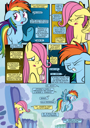 Size: 1920x2715 | Tagged: safe, artist:alexdti, fluttershy, rainbow dash, pegasus, pony, comic:how we met (italian), g4, cloudsdale, comic, dialogue, duo, eyes closed, female, filly, filly fluttershy, filly rainbow dash, floppy ears, flying, foal, folded wings, italian, open mouth, outdoors, raised hoof, speech bubble, talking, underhoof, wings, younger