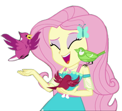 Size: 808x738 | Tagged: safe, edit, edited screencap, editor:jacksontormbaymaz, screencap, fluttershy, bird, human, a little birdie told me, equestria girls, g4, my little pony equestria girls: better together, armband, background removed, belt, butterfly hairpin, clothes, cutie mark on clothes, dress, eyebrows, eyeshadow, fluttershy boho dress, geode of fauna, giggling, hairpin, jewelry, magical geodes, makeup, necklace, open mouth, open smile, raised eyebrow, simple background, sleeveless, sleeveless dress, smiling, teenager, transparent background