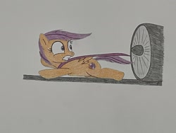 Size: 2048x1536 | Tagged: safe, artist:don2602, scootaloo, earth pony, pegasus, g4, abuse, cape, clothes, imminent death, scootabuse, solo, traditional art, turbine