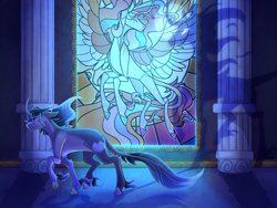 Size: 3000x2250 | Tagged: safe, artist:honkhonkbonk, princess celestia, oc, oc:polar veil, pony, unicorn, g4, alternate design, female, horn, mare, stained glass