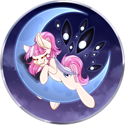 Size: 3000x3000 | Tagged: safe, artist:dewdropinn, oc, oc only, oc:aldea, oc:moon veil, bat pony, commission, crescent moon, eldritch abomination, moon, multiple eyes, night, night sky, pink mane, sky, sleeping, ych result