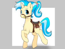 Size: 1024x768 | Tagged: safe, artist:cloveryrhythm, allie way, pony, unicorn, g4, bag, female, halter, horn, mare, ponytail, raised hoof, raised leg, reins, saddle, saddle bag, slender, solo, tack, tall, thin