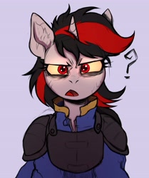 Size: 3427x4096 | Tagged: safe, artist:tatykin, oc, oc only, oc:blackjack, cyborg, pony, unicorn, fallout equestria, fallout equestria: project horizons, armor, blue background, colored sclera, cybernetic eyes, fanfic art, female, glowing, glowing eyes, horn, image, mare, question mark, simple background, solo, squint, yellow sclera