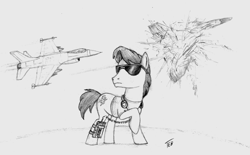 Size: 1024x633 | Tagged: safe, artist:stingray-24, earth pony, pony, black and white, clothes, doug master, explosion, flying, grayscale, iron eagle (movie), jet, jet fighter, male, monochrome, pencil drawing, plane, ponified, radio, raised hoof, rocket, shirt, shooting, signature, sketch, solo, stallion, sunglasses, t-shirt, traditional art