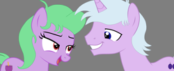 Size: 6392x2636 | Tagged: safe, artist:emperor-anri, artist:star polaris and friends, derpibooru exclusive, grape stem, sugar plum (g4), earth pony, pony, unicorn, g4, base used, cute, duo, duo male and female, female, gray background, horn, lidded eyes, male, mare, older, older grape stem, older sugar plum, ship:sugarstem, shipping, simple background, smiling, stallion, stembetes, straight, sugar plumbetes
