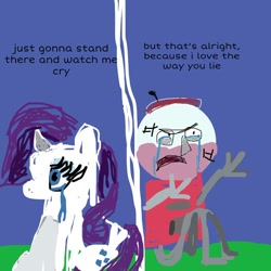Size: 736x736 | Tagged: safe, rarity, pony, unicorn, g4, 1000 hours in ms paint, benson, blue background, crossover, crossover shipping, crying, grass, gumball machine, horn, love the way you lie (eminem feat. rihanna), regular show, shipping, simple background, song reference