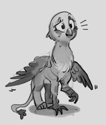 Size: 1390x1629 | Tagged: safe, artist:libido, oc, oc only, oc:deef, griffon, beak, chest fluff, eyelashes, female, monochrome, paws, simple background, solo, sweat, sweatdrop, tail, talons, wings
