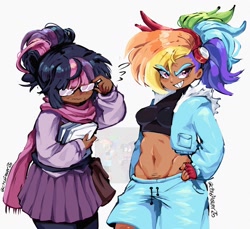 Size: 1709x1566 | Tagged: safe, artist:citrusflower25, rainbow dash, twilight sparkle, human, g4, belly, belly button, duo, duo female, female, grin, humanized, midriff, moderate dark skin, simple background, smiling, white background
