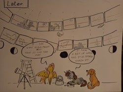 Size: 2048x1538 | Tagged: safe, artist:pasu-chan, fluttershy, oc, oc:hoofclid, dog, pegasus, pony, unicorn, g4, female, horn, looking up, lying down, male, mare, marker drawing, prone, stallion, star map, telescope, traditional art, trio