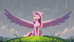 Size: 2560x1440 | Tagged: safe, ai assisted, ai content, artist:truekry, generator:tponynai3, generator:wai-nsfw-illustrious-sdxl, princess cadance, alicorn, pony, g4, cloud, eyes closed, female, grass, horn, mare, outdoors, rain, sitting, solo, spread wings, wallpaper, wings