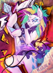 Size: 1287x1772 | Tagged: safe, artist:koffeemilk, rarity, pony, unicorn, g4, alternate hairstyle, bipedal, electric guitar, female, guitar, horn, mare, musical instrument, punk, raripunk