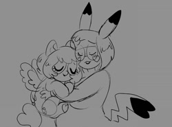 Size: 1139x845 | Tagged: safe, artist:bubbled-tea-dreams, oc, oc only, oc:heather sweet feathers, pegasus, pikachu, pony, anthro, artist sona, breasts, duo, duo female, eyes closed, female, glasses, gray background, holding a pony, hug, mare, pokémon, round glasses, simple background, smiling, spread wings, wings