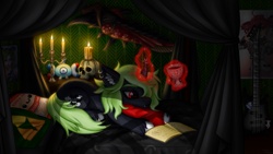 Size: 1920x1080 | Tagged: safe, artist:sunamoonmlp, derpibooru exclusive, oc, oc only, pony, undead, unicorn, vampire, g4, anime, book, candle, curtains, ear fluff, gothic, guitar, horn, magic, male, musical instrument, piercing, pillow, plushie, poster, reading, stallion, sword, wallpaper, weapon